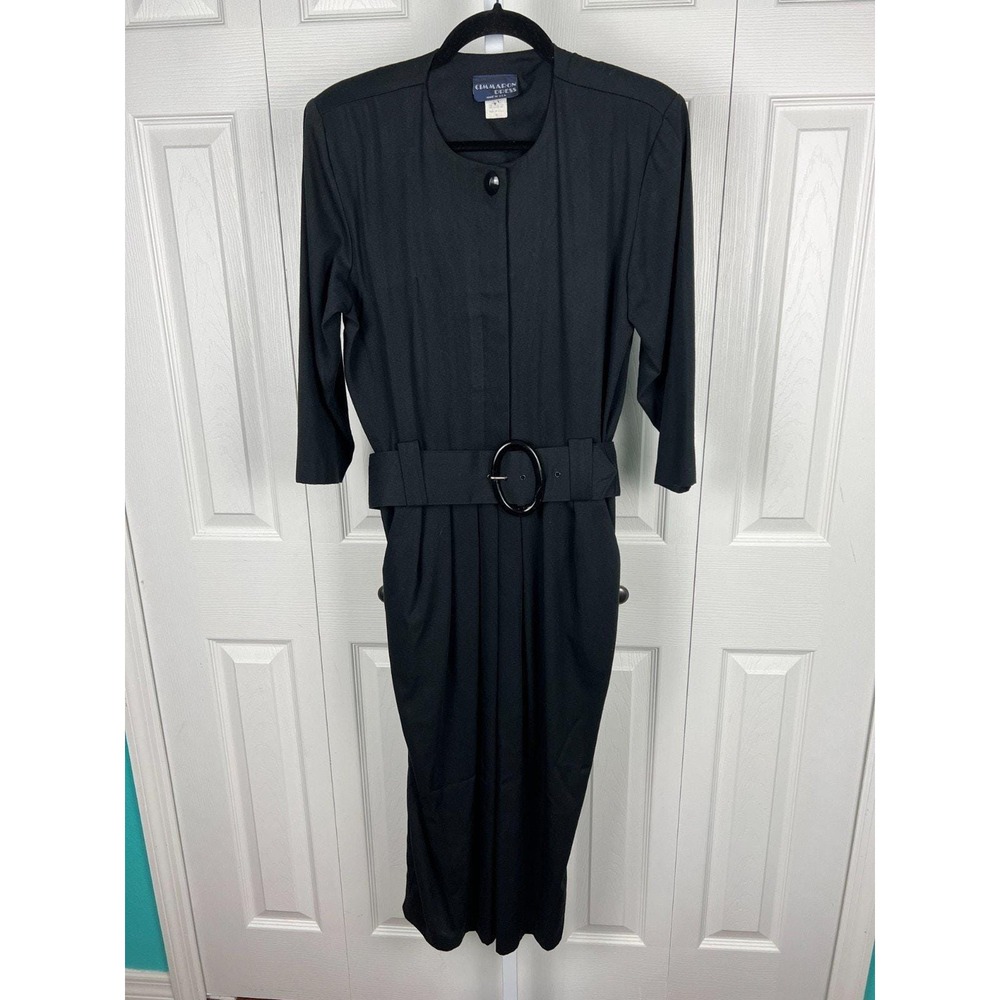 80s Black Belted Midi Dress Pockets Minimalist Career USA Womens 10 - Picture 8 of 10